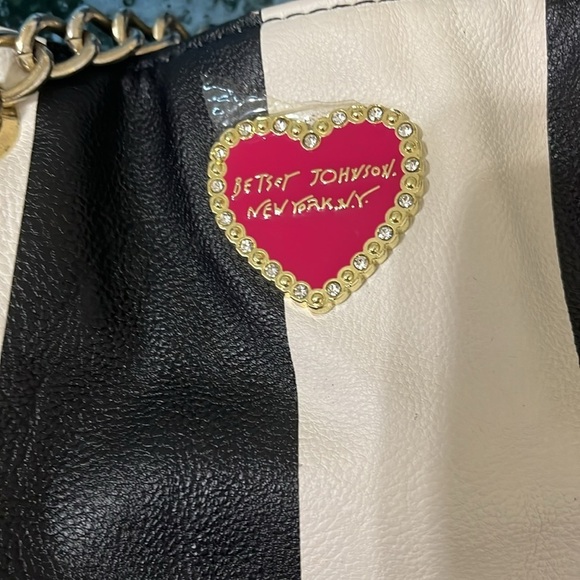 Betsey Johnson Black/White Striped Tote Bag with Chain Handles - Picture 2 of 12